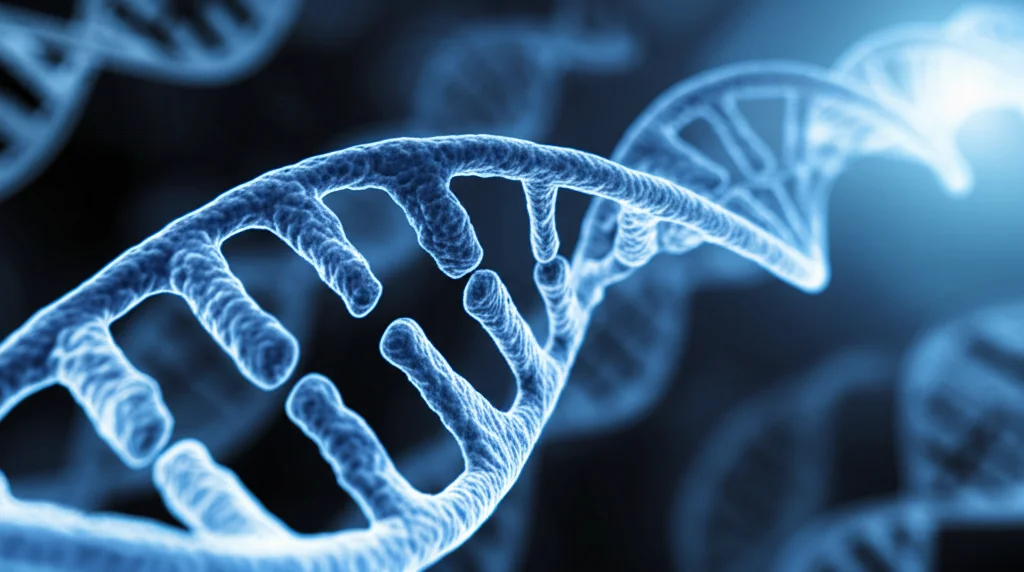 Macro fotografia, 90mm lens, di filamenti di DNA stilizzati e luminosi intrecciati tra loro su uno sfondo scuro e leggermente sfocato. High detail, precise focusing, controlled lighting con un leggero bagliore bluastro per rappresentare l'analisi genetica.