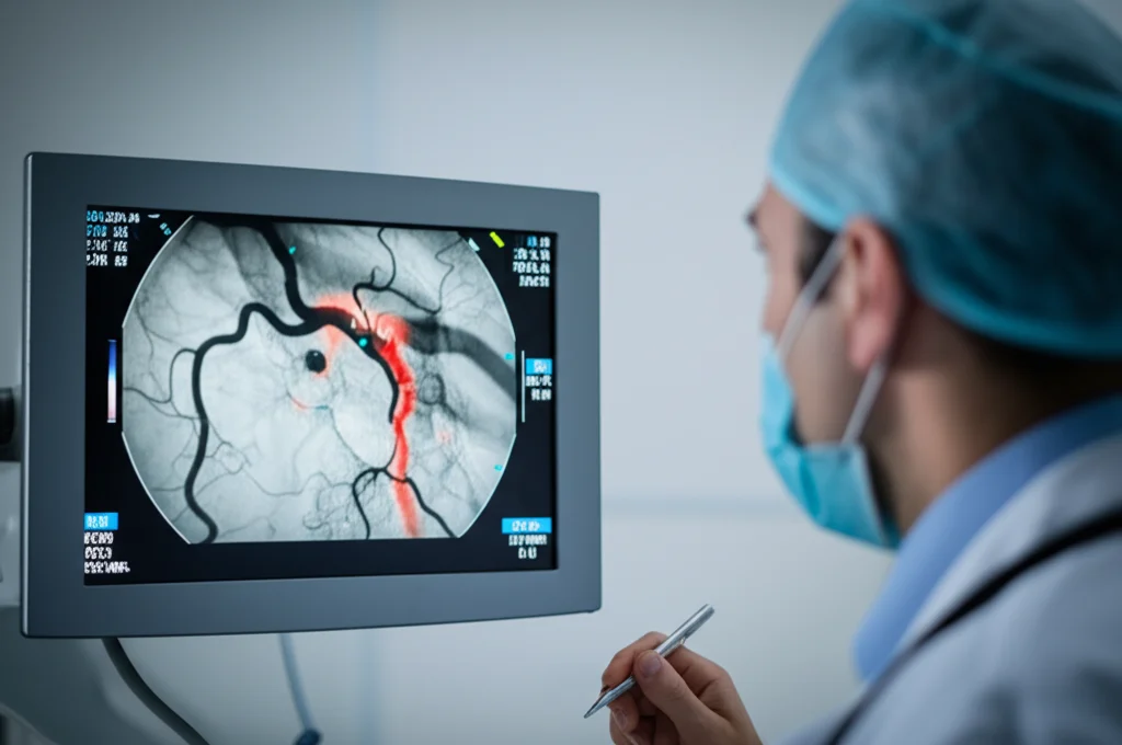 Fotografia stile reportage medico, obiettivo 50mm, che mostra un medico che osserva un'angiografia coronarica su uno schermo ad alta definizione. L'immagine sullo schermo mostra chiaramente le arterie coronarie con indicazioni di stenosi. Luce ambientale da sala operatoria, focus sullo schermo e sulle mani del medico.