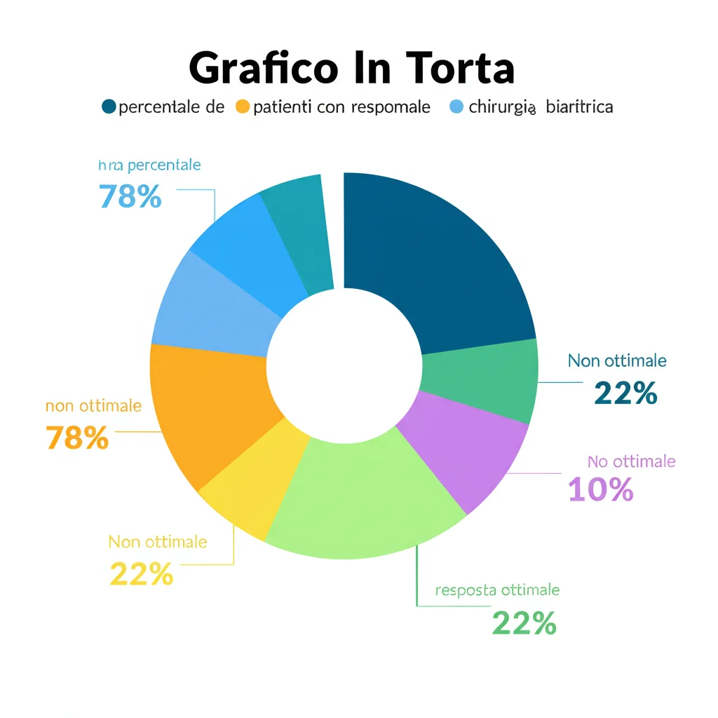 Grafico a torta che mostra la percentuale di pazienti con risposta ottimale (circa 78%) e non ottimale (circa 22%) alla chirurgia bariatrica, colori vivaci, stile infografica medica, alta definizione.