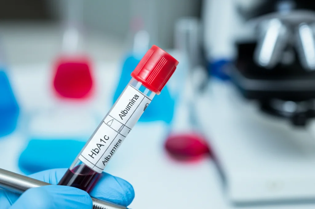Primo piano di una provetta di sangue con etichetta HbA1c e una con etichetta Albumina, sfondo sfocato di un laboratorio analisi, illuminazione controllata, macro lens 85mm, alta definizione, focus preciso sulle etichette.