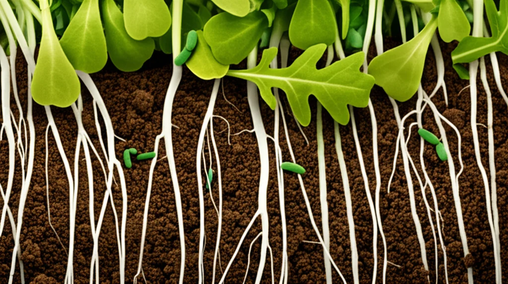Immagine macro del suolo della rizosfera attorno alle radici di una pianta di rucola, con focus sui batteri (rappresentazione micrografica concettuale), obiettivo macro 60mm, alta definizione, illuminazione laterale per evidenziare la texture del suolo e delle radici.