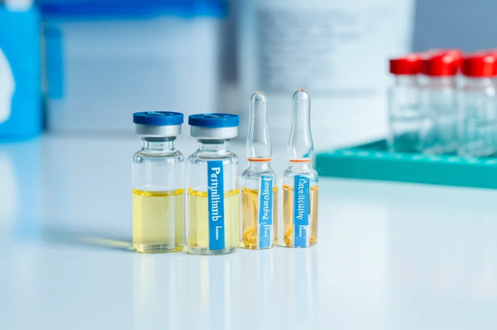 Fotografia macro, obiettivo 100mm, di fiale di farmaci oncologici (Penpulimab, Paclitaxel, Carboplatino) su un bancone di laboratorio sterile, con luce controllata e alta definizione dei dettagli, simboleggiando la combinazione terapeutica.