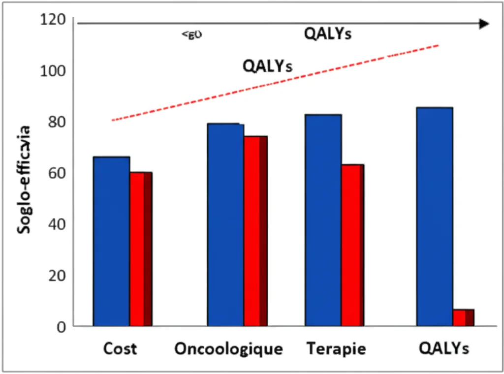 Grafico a barre astratto che mostra un confronto tra costi (barre rosse) e QALYs guadagnati (barre blu) per due terapie oncologiche, con una linea che indica la soglia di costo-efficacia. Illuminazione drammatica, focus sui dati.