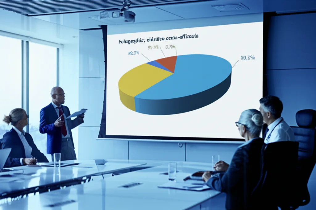Fotografia grandangolare, obiettivo 24mm, di una sala conferenze moderna con un grafico a torta proiettato sullo schermo che mostra un'alta percentuale (98.3%) di costo-efficacia, con figure di decisori politici e medici in ombra che osservano. Luce ambientale da ufficio.