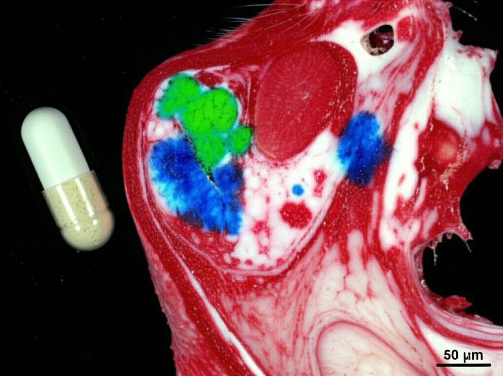 Immagine fotorealistica di un cervello di topo sezionato dopo un trauma cranico, con aree di edema visibili. Accanto, una capsula contenente polvere di DMC. Obiettivo macro, 90mm, illuminazione controllata da laboratorio, alta definizione dei tessuti.