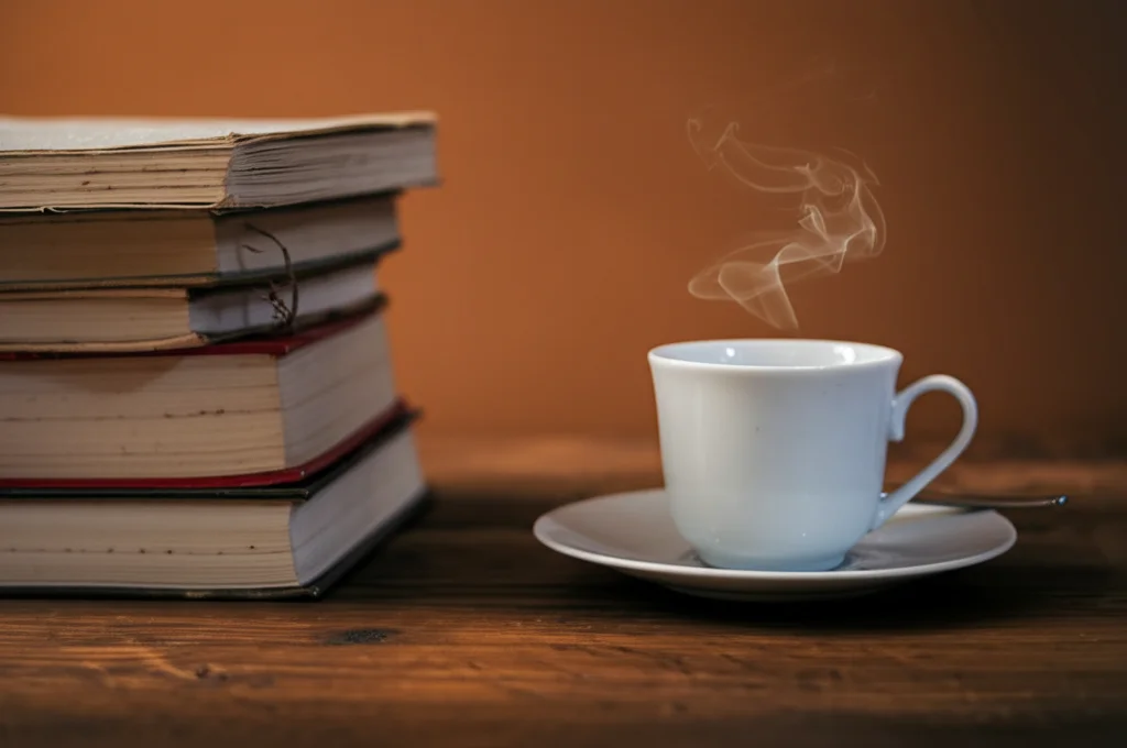Fotografia macro di una pila di libri accademici su una scrivania di legno scuro, con una tazza di caffè fumante accanto. Luce calda e controllata, obiettivo macro 90mm, alta definizione dei dettagli sulla copertina dei libri e sulla tazza.