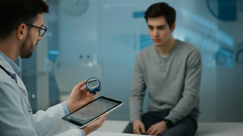 Primo piano di un medico con camice bianco che esamina preoccupato i risultati di un test della glicemia su un tablet, con un giovane paziente adulto sullo sfondo sfocato in una clinica moderna. Luce controllata e morbida, obiettivo macro 85mm, alta definizione, messa a fuoco precisa sul volto del medico.