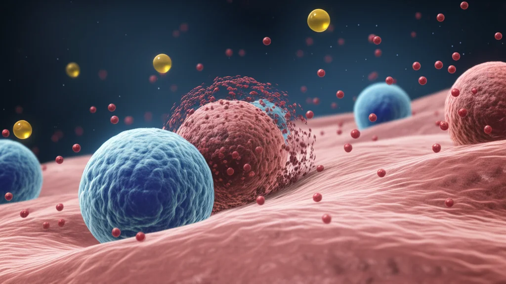 Visualizzazione artistica al microscopio di cellule pancreatiche stilizzate, alcune integre (blu) altre danneggiate (rosse), con molecole di glucosio (sfere gialle) fluttuanti intorno. Illuminazione drammatica laterale, obiettivo macro 100mm, alta definizione, sfondo scuro.
