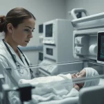 Foto molto realistica in stile reportage di un'infermiera pediatrica che monitora attentamente un neonato in un'incubatrice all'interno di una terapia intensiva neonatale. Il focus è sul volto concentrato dell'infermiera e sui monitor vitali accanto all'incubatrice. Obiettivo prime 35mm, bianco e nero per un effetto drammatico ma empatico, profondità di campo che sfoca leggermente lo sfondo.