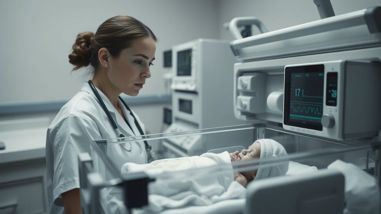 Foto molto realistica in stile reportage di un'infermiera pediatrica che monitora attentamente un neonato in un'incubatrice all'interno di una terapia intensiva neonatale. Il focus è sul volto concentrato dell'infermiera e sui monitor vitali accanto all'incubatrice. Obiettivo prime 35mm, bianco e nero per un effetto drammatico ma empatico, profondità di campo che sfoca leggermente lo sfondo.