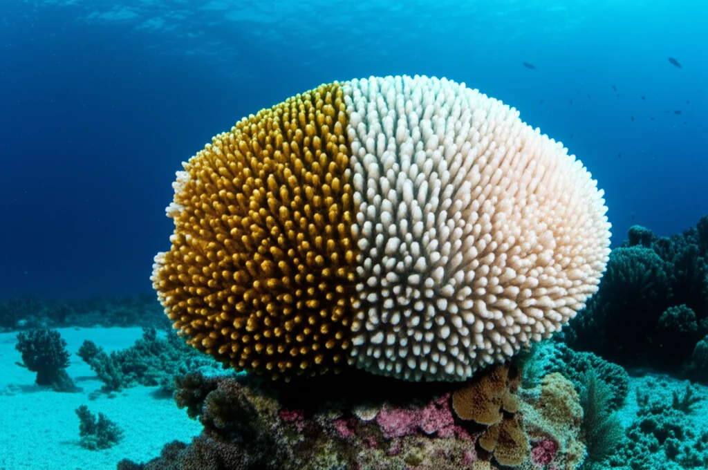 Fotografia subacquea con lente macro 100mm, alta definizione, che mostra un dettaglio ravvicinato di un corallo Acropora palmata. Metà del corallo appare sano con un colore bruno-dorato vibrante, mentre l'altra metà è completamente bianca a causa dello sbiancamento. L'acqua è limpida con luce solare che filtra dall'alto, evidenziando la texture complessa della struttura del corallo e il drammatico contrasto tra salute e stress termico.