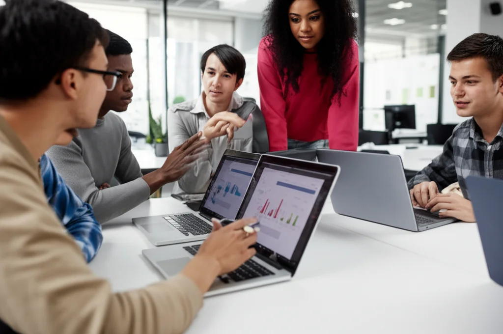 Gruppo diversificato di giovani futuri insegnanti di matematica (uomini e donne, età 20-25 anni) partecipano attivamente a un workshop sull'intelligenza artificiale in un'aula universitaria moderna e luminosa. Sono riuniti attorno a un tavolo, interagendo con laptop e tablet che mostrano interfacce AI complesse e grafici matematici. Alcuni discutono tra loro, altri sono concentrati sugli schermi. L'atmosfera è di apprendimento collaborativo e riflessione critica. Obiettivo zoom 24-70mm per catturare la dinamica del gruppo, luce ambientale morbida e naturale.