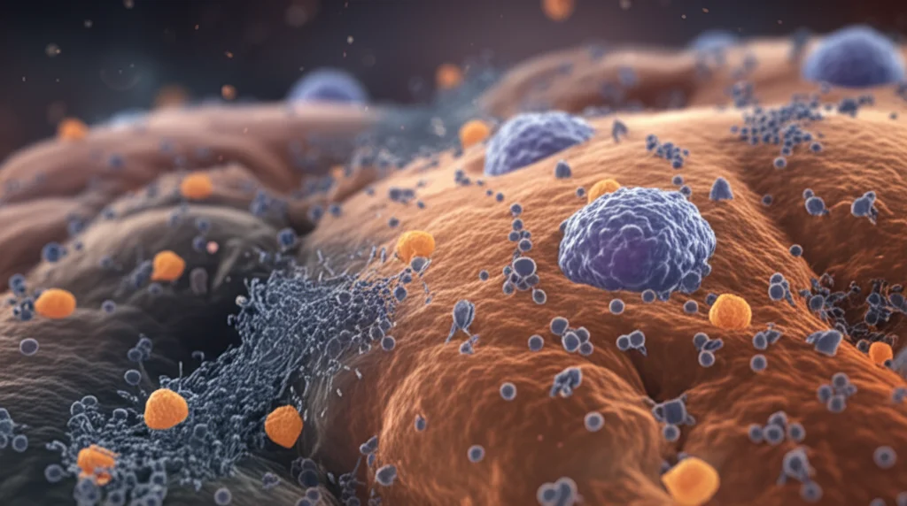 Illustrazione artistica ma realistica del microambiente tumorale del cancro cervicale, mostrando cellule immunitarie (linfociti T, monociti) che infiltrano il tessuto tumorale. Focus selettivo, profondità di campo, colori caldi e freddi in duotono (blu e arancione) per distinguere cellule immunitarie e tumorali.