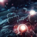 Immagine concettuale fotorealistica che fonde cellule NK (Natural Killer) stilizzate e luminose che attaccano cellule tumorali pancreatiche scure e irregolari, con sovrapposizioni grafiche astratte di linee di dati e nodi di machine learning. Illuminazione drammatica high-tech, obiettivo prime 50mm con depth of field per mettere a fuoco l'interazione tra biologia e intelligenza artificiale nel contesto oncologico.
