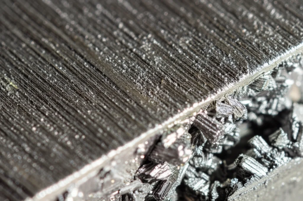 Primo piano fotorealistico di un pezzo di ferro-cromo con inclusioni di silicio, illuminato lateralmente per evidenziare la sua struttura metallica complessa e le diverse sfumature. Obiettivo macro 90mm, alta definizione, messa a fuoco selettiva sulla superficie texturizzata.