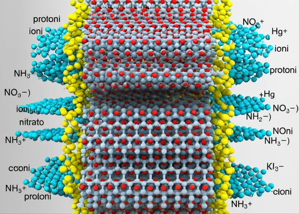 Rappresentazione artistica fotorealistica di Covalent Organic Frameworks (COF) multivariati con potenziale elettrostatico su misura, macro lens 70mm, high detail, che interagiscono con ioni nitrato (NO3-) e protoni (H+) vicino a una superficie catalitica per promuovere selettivamente la riduzione a ammoniaca (NH3) in ambiente acido, controlled lighting.