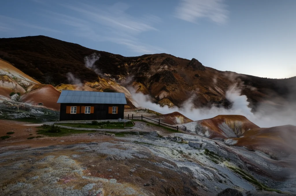 Suggestiva immagine di una casa situata in un paesaggio montuoso vicino a sorgenti termali fumanti, simboleggiando lo studio sul rischio radon indoor influenzato dalla geologia. Landscape wide angle 10mm, sharp focus, long exposure.