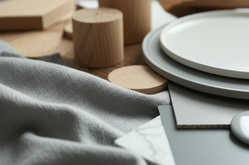 Fotografia di still life, campioni di legno di quercia bianca, tessuto morbido grigio, piastrella ceramica bianca effetto marmo e un campione di vernice grigio medio disposti artisticamente su un tavolo da lavoro di un designer. Luce da studio controllata che evidenzia le diverse texture, lente macro 85mm, alta definizione, focus preciso sulle superfici, profondità di campo ridotta per sfocare lo sfondo.