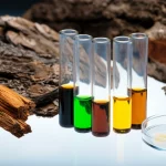 Fotografia still life che mostra diverse fiale contenenti liquidi di pirolisi di corteccia di conifere di colore variabile (dal trasparente al marrone scuro), accanto a pezzi di corteccia grezza e una capsula di Petri con crescita fungina inibita. Obiettivo macro 60mm, illuminazione controllata per evidenziare la texture della corteccia e la limpidezza/colore dei liquidi, alta definizione.