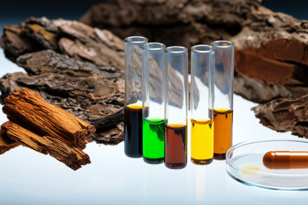 Fotografia still life che mostra diverse fiale contenenti liquidi di pirolisi di corteccia di conifere di colore variabile (dal trasparente al marrone scuro), accanto a pezzi di corteccia grezza e una capsula di Petri con crescita fungina inibita. Obiettivo macro 60mm, illuminazione controllata per evidenziare la texture della corteccia e la limpidezza/colore dei liquidi, alta definizione.