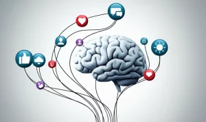 Immagine concettuale che illustra la complessità dell'uso dei social media e il suo impatto psicologico. Un cervello stilizzato è al centro, connesso da fili luminosi e scuri a varie icone di social media (like, commenti, profili). Alcuni fili portano a simboli di benessere (cuore, sole), altri a simboli di stress (nuvola nera, punto interrogativo). Sfondo neutro, illuminazione focalizzata sul cervello e le connessioni. Stile grafico moderno.