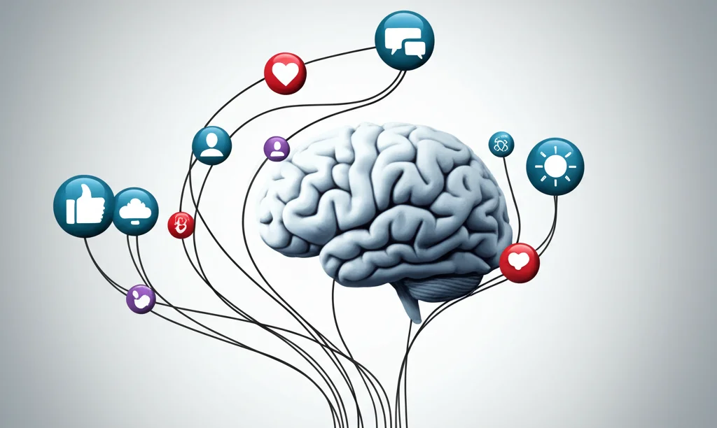 Immagine concettuale che illustra la complessità dell'uso dei social media e il suo impatto psicologico. Un cervello stilizzato è al centro, connesso da fili luminosi e scuri a varie icone di social media (like, commenti, profili). Alcuni fili portano a simboli di benessere (cuore, sole), altri a simboli di stress (nuvola nera, punto interrogativo). Sfondo neutro, illuminazione focalizzata sul cervello e le connessioni. Stile grafico moderno.