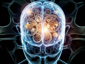 Immagine concettuale di un cervello umano luminoso con ingranaggi che si incastrano perfettamente, simboleggiando il processo di consolidamento della conoscenza e l'automazione delle abilità. Illuminazione drammatica, dettagli elevati, stile fotorealistico.
