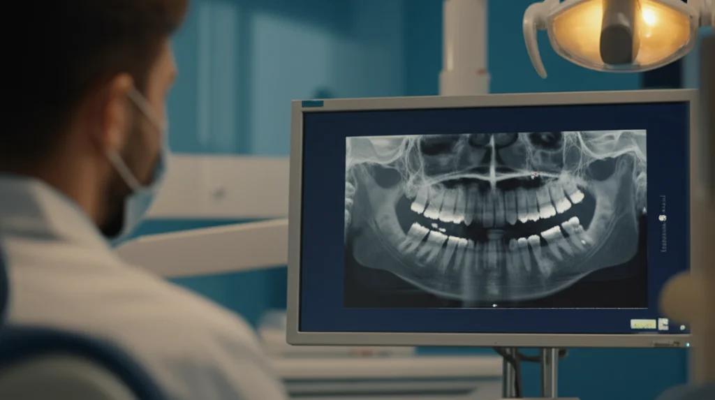 Immagine fotorealistica di un dentista che analizza attentamente una scansione CBCT 3D di una mandibola su un monitor ad alta risoluzione in uno studio dentistico moderno. Luce soffusa ambientale, l'attenzione è focalizzata sullo schermo che mostra dettagli della struttura ossea. Obiettivo prime 35mm, profondità di campo che sfoca leggermente lo sfondo.