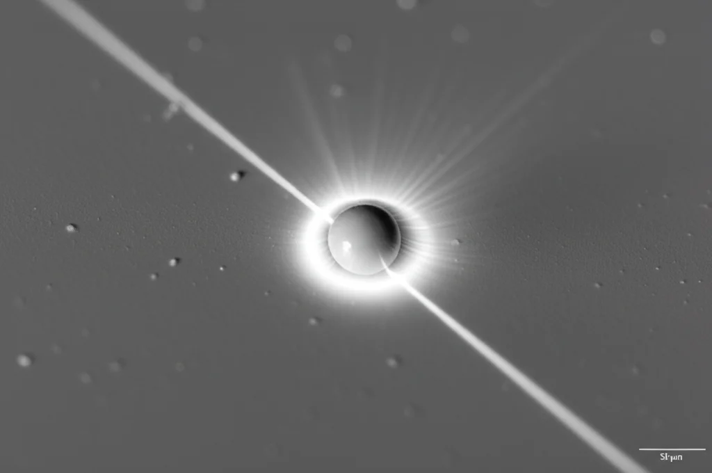 Macro fotografia, lente 100mm, primo piano estremo di un fascio laser a femtosecondi che colpisce con altissima precisione una singola microsfera di polistirene (15µm) su una superficie di vetro pulita, la sfera inizia a vaporizzare creando una piccola onda d'urto visibile, illuminazione da studio controllata per massimo dettaglio, high detail, precise focusing.