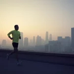Persona che corre in città all'alba con visibile inquinamento atmosferico sullo sfondo. Fotografia realistica, stile reportage, di una persona che corre all'alba in una grande città, con l'inquinamento atmosferico visibile come una foschia sullo skyline; la persona sembra determinata ma consapevole dell'ambiente. Obiettivo zoom 35mm, profondità di campo che isola il corridore, tonalità leggermente fredde.