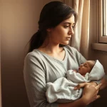 Una giovane madre turca tiene in braccio il suo neonato, guardando fuori da una finestra con un'espressione pensierosa e leggermente affaticata. Luce soffusa del tardo pomeriggio, stile ritratto intimo, 35mm prime lens, depth of field accentuata per isolare la figura, duotone seppia e grigio per un'atmosfera malinconica ma speranzosa.