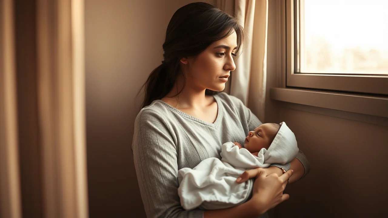 Una giovane madre turca tiene in braccio il suo neonato, guardando fuori da una finestra con un'espressione pensierosa e leggermente affaticata. Luce soffusa del tardo pomeriggio, stile ritratto intimo, 35mm prime lens, depth of field accentuata per isolare la figura, duotone seppia e grigio per un'atmosfera malinconica ma speranzosa.
