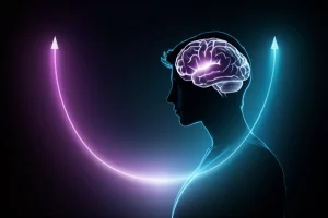 Visualizzazione astratta di una curva a forma di U rovesciata sovrapposta a una silhouette stilizzata del cervello di un adolescente. La curva è luminosa al centro (corrispondente a sintomi lievi) e si affievolisce ai lati (assenza o sintomi gravi). Sfondo scuro e suggestivo, fotografia concettuale, illuminazione drammatica, colori duotone viola e ciano.