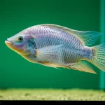 Fotografia macro, 105mm, di un esemplare sano di Tilapia del Nilo (Oreochromis niloticus) che nuota in acqua limpida, simbolo di acquacoltura sostenibile, illuminazione controllata, alta definizione.
