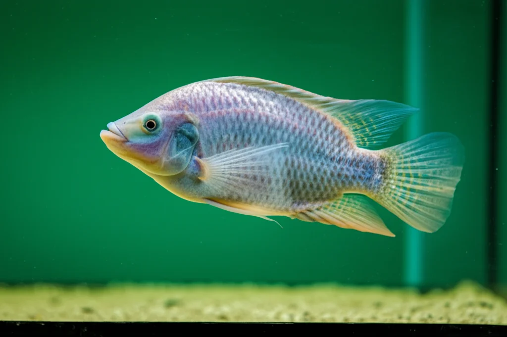 Fotografia macro, 105mm, di un esemplare sano di Tilapia del Nilo (Oreochromis niloticus) che nuota in acqua limpida, simbolo di acquacoltura sostenibile, illuminazione controllata, alta definizione.
