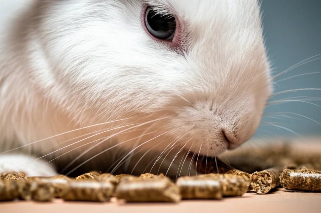 Fotografia macro di una coniglia sana che mangia pellet arricchiti con postbiotici, obiettivo macro 100mm, messa a fuoco precisa sul pellet e sul muso della coniglia, illuminazione controllata da studio che evidenzia la salute del pelo.