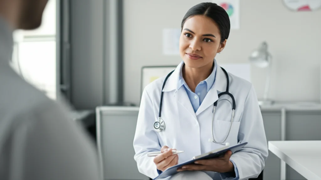 Fotografia ritratto, una infermiera specializzata in salute mentale (PMHNP) sorridente e professionale in camice bianco discute con un paziente dall'aspetto sereno in un moderno studio medico luminoso. Obiettivo prime 35mm, profondità di campo, luce naturale controllata.