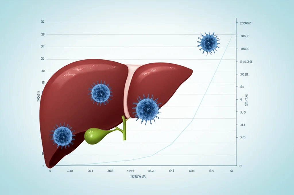 Illustrazione medica che mostra il fegato umano con particelle virali dell'HCV che vengono eliminate grazie all'azione dei farmaci DAA, con un grafico in sottofondo che mostra il calo dell'indice HOMA-IR e il miglioramento dei livelli di glucosio. Prime lens, 35mm, depth of field, luce controllata.