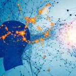 Immagine astratta ad alta tecnologia che rappresenta la connessione tra linguaggio naturale e dati visivi per il recupero di persone, suggerendo incertezza e reti neurali. Blu e arancioni, futuristico.
