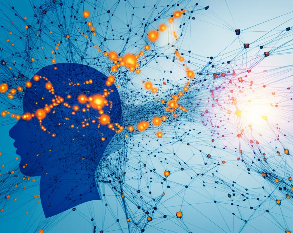 Immagine astratta ad alta tecnologia che rappresenta la connessione tra linguaggio naturale e dati visivi per il recupero di persone, suggerendo incertezza e reti neurali. Blu e arancioni, futuristico.