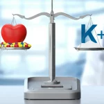 Immagine concettuale fotorealistica: una bilancia medica stilizzata. Su un piatto, un cuore rosso sano protetto da capsule di farmaci RAASi. Sull'altro piatto, un simbolo chimico del potassio (K+) tenuto saldamente sotto controllo da una polvere che rappresenta i leganti del potassio. Lo sfondo è un ambiente clinico moderno e luminoso, forse con elementi che richiamano la Svezia (colori bandiera stilizzati). Obiettivo 50mm, profondità di campo media per mantenere a fuoco entrambi i piatti della bilancia.