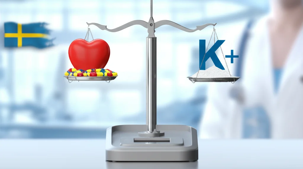 Immagine concettuale fotorealistica: una bilancia medica stilizzata. Su un piatto, un cuore rosso sano protetto da capsule di farmaci RAASi. Sull'altro piatto, un simbolo chimico del potassio (K+) tenuto saldamente sotto controllo da una polvere che rappresenta i leganti del potassio. Lo sfondo è un ambiente clinico moderno e luminoso, forse con elementi che richiamano la Svezia (colori bandiera stilizzati). Obiettivo 50mm, profondità di campo media per mantenere a fuoco entrambi i piatti della bilancia.