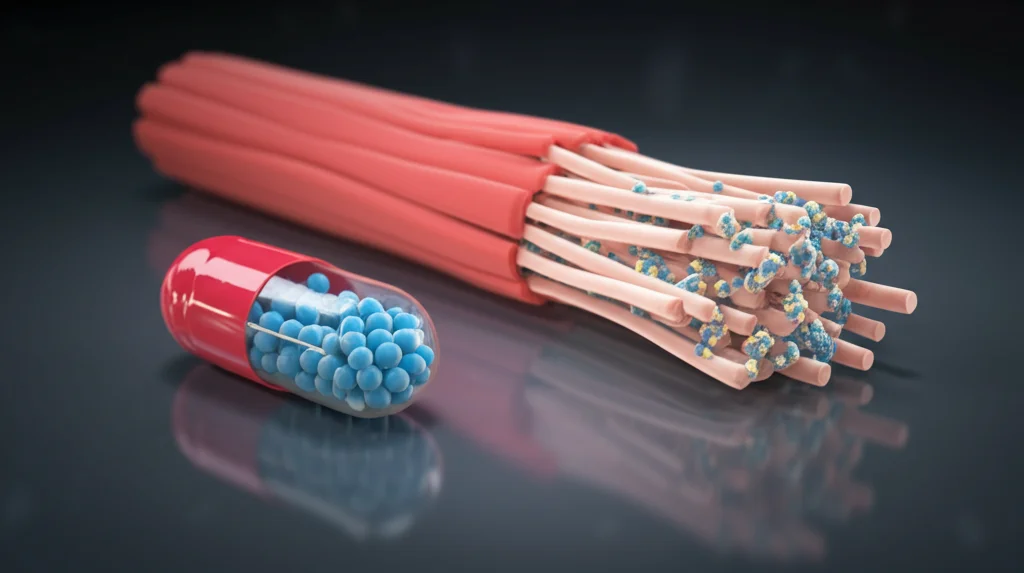 Immagine fotorealistica di una capsula del farmaco sperimentale PK007 posata su una superficie riflettente, accanto a un modello 3D stilizzato di una fibra muscolare sana (intatta, rossa) e una danneggiata dalla DMD (frammentata, pallida, con cellule infiammatorie blu). Illuminazione drammatica da studio, focus selettivo sulla capsula, lente prime 35mm, profondità di campo marcata.