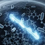 Immagine fotorealistica di una cellula epatica umana vista al microscopio elettronico, con sovrapposta una rappresentazione artistica ma dettagliata di molecole di farmaco (pillole stilizzate o strutture molecolari) che interagiscono con filamenti di DNA luminosi vicino al nucleo. Illuminazione drammatica, obiettivo prime 35mm, stile film noir con dominanza di blu e grigi duotone, profondità di campo.