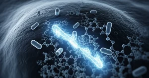 Immagine fotorealistica di una cellula epatica umana vista al microscopio elettronico, con sovrapposta una rappresentazione artistica ma dettagliata di molecole di farmaco (pillole stilizzate o strutture molecolari) che interagiscono con filamenti di DNA luminosi vicino al nucleo. Illuminazione drammatica, obiettivo prime 35mm, stile film noir con dominanza di blu e grigi duotone, profondità di campo.