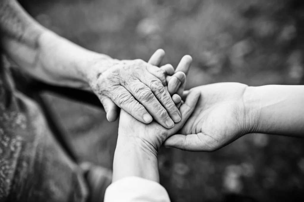 Mani anziane che stringono delicatamente quelle di una persona più giovane, simbolo di cura, supporto e decisioni condivise riguardo al fine vita in Svizzera. Fotografia ritratto, obiettivo 50mm, profondità di campo, bianco e nero film noir.