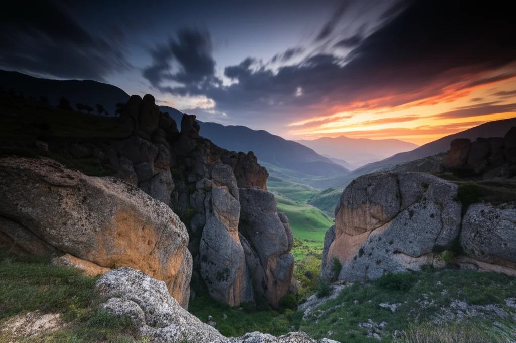 Paesaggio suggestivo e montuoso di Tunceli, Turchia orientale, all'alba, con formazioni rocciose evocative che sembrano sussurrare antiche leggende. Landscape wide angle 10mm, long exposure, sharp focus, dramatic lighting.