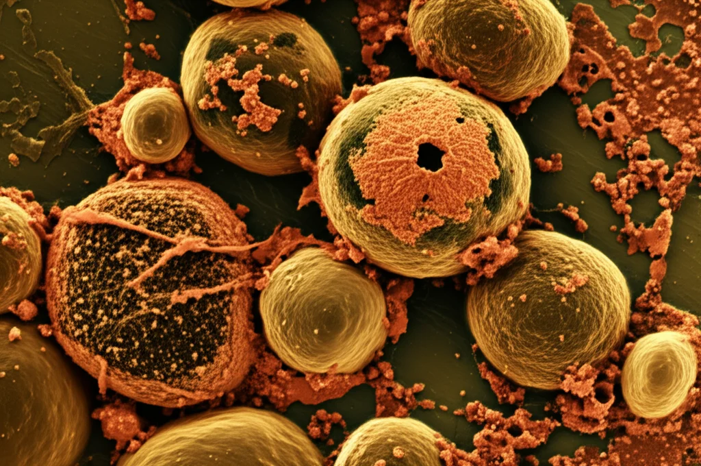 Primo piano macro estremo di cellule tumorali al microscopio elettronico, alcune intatte e altre che mostrano chiari segni di cambiamento morfologico o danno cellulare dovuto a trattamento. Illuminazione drammatica e altamente controllata che evidenzia le texture e le strutture cellulari. Profondità di campo molto ridotta per isolare alcune cellule. Obiettivo macro 100mm, alta definizione, dettagli precisi.
