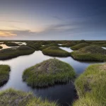 Fotografia paesaggistica di una zona umida a gobbe (hummock wetland) nella Mongolia Interna. Obiettivo grandangolare 20mm, luce dorata dell'alba o del tramonto, messa a fuoco nitida sull'intera scena, mostrando le caratteristiche gobbe erbose alternate a zone più basse e umide. Cielo suggestivo. Long exposure per acqua liscia se visibile.
