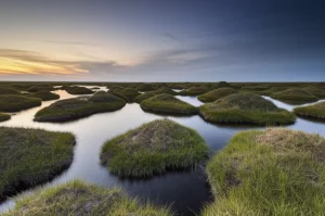 Fotografia paesaggistica di una zona umida a gobbe (hummock wetland) nella Mongolia Interna. Obiettivo grandangolare 20mm, luce dorata dell'alba o del tramonto, messa a fuoco nitida sull'intera scena, mostrando le caratteristiche gobbe erbose alternate a zone più basse e umide. Cielo suggestivo. Long exposure per acqua liscia se visibile.